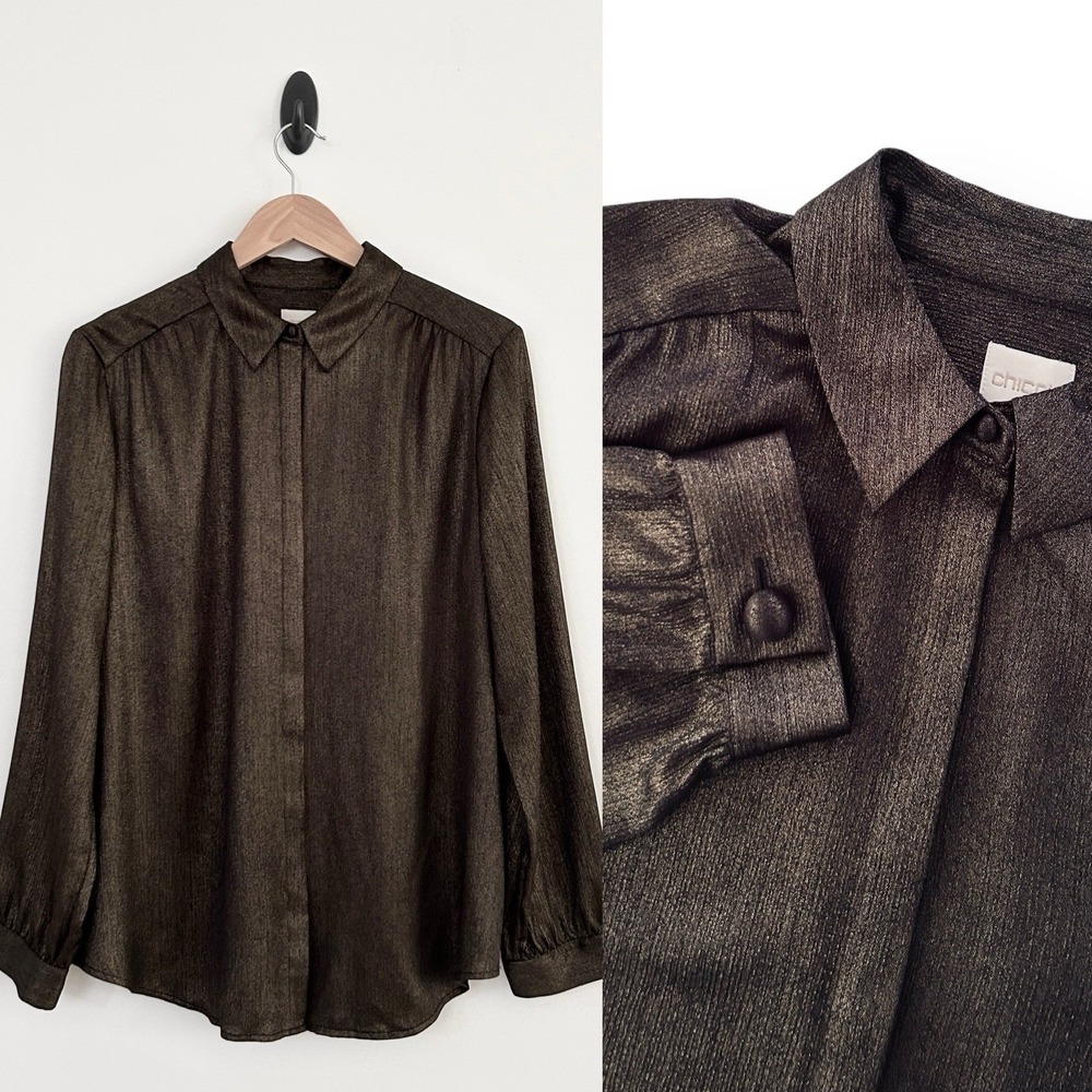 Chico's Women's Large Size 2 Brown Sparkling Gold Long Sleeve Shimmer Shirt NWOT